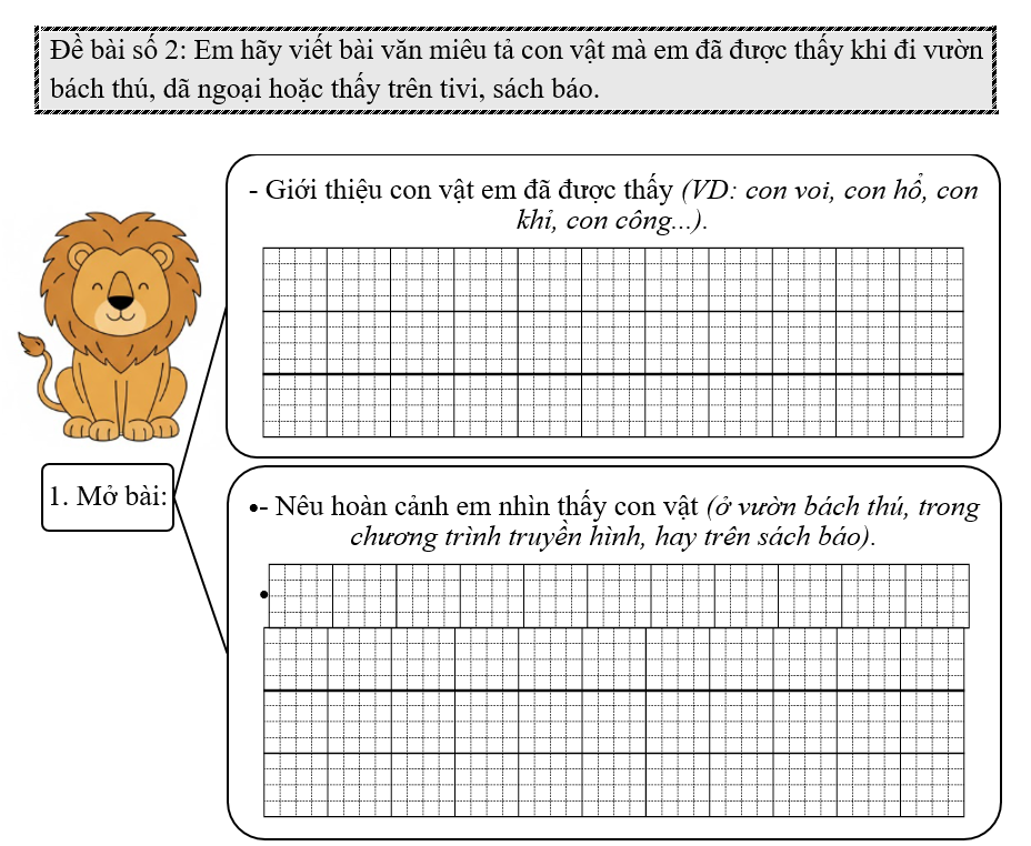 Đề bài số 2: Em hãy viết bài văn miêu tả con vật mà em đã được thấy khi đi vườn bách thú, dã ngoại hoặc thấy trên tivi, sách báo. (ảnh 1)