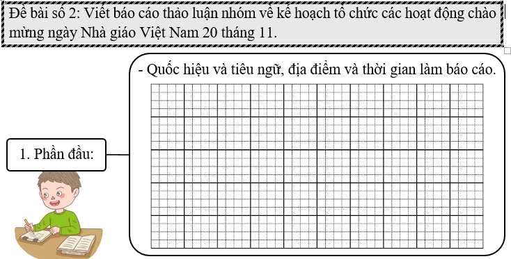 Đề bài số 2: Viết báo cáo thảo luận nhóm về kế hoạch tổ chức các hoạt động chào mừng ngày Nhà giáo Việt Nam 20 tháng 11. (ảnh 1)