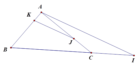 Khi đó vec BC  = m. vec AI  + n. vec JK. Tính tổng P = m + n. (ảnh 1)