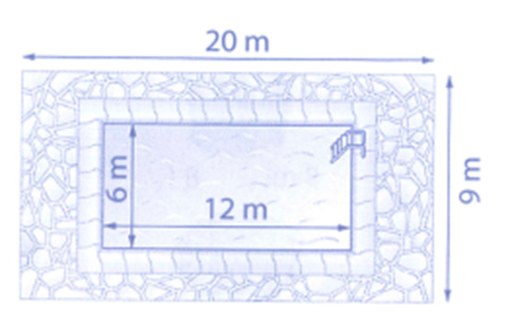 Tính phần diện tích được lát gạch của hồ bơi có kích thước như hình dưới đây: (ảnh 1)