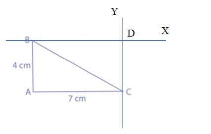 Cho tam giác ABC có góc A là góc vuông là cạnh AB = 4 cm, AC = 7 cm. Qua đỉnh V vẽ đường thẳng BX song song với AC, qua đỉnh C vẽ đường thẳng CY song song với AB. (ảnh 2)