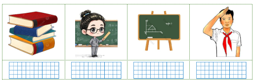 Viết các từ “bảng đen, cô giáo, sách vở, chào cờ” vào hình phù hợp: (ảnh 1)