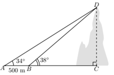 Tính chiều cao của một ngọn núi (kết quả làm tròn đến hàng đơn vị), biết tại hai điểm \(A,\,\,B\) cách nhau \[500{\rm{\;m}}{\rm{,}}\] người ta nhìn thấy đỉnh núi với góc nâng lần lượt là \(34^\circ \) và \(38^\circ \) (hình vẽ). (ảnh 1)