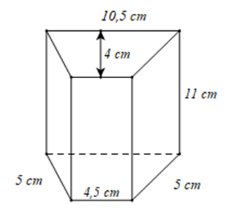 Cho hình lăng trụ đứng có đáy là hình thang cân với các kích thước như hình vẽ. Tính diện tích xung quanh và thể tích của hình lăng trụ đó.
 (ảnh 1)