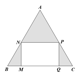 Cho tam giác đều \(ABC\) có cạnh bằng \(20{\rm{\;cm}}\). Người ta cắt ở ba góc của tấm nhôm đó ba tam giác (hình vẽ) để được hình chữ nhật \(MNPQ.\) Tìm độ dài đoạn \(MB\) để hình chữ nhật \(MNPQ\) có diện tích lớn nhất. (ảnh 1)