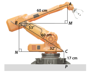 Cánh tay robot đặt trên mặt đất và có vị trí như hình vẽ bên. Tính độ cao của điểm \(A\) trên đầu cánh tay robot so với mặt đất (làm tròn kết quả đến hàng phần mười của cm). (ảnh 1)