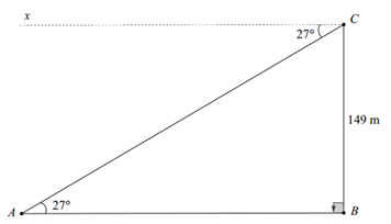 Một người quan sát ở đài hải đăng cao \(149\,\,{\rm{m}}\) so với mực nước biển nhìn thấy một con tàu ở xa với một góc nghiêng xuống đất là \(27^\circ .\) (ảnh 2)