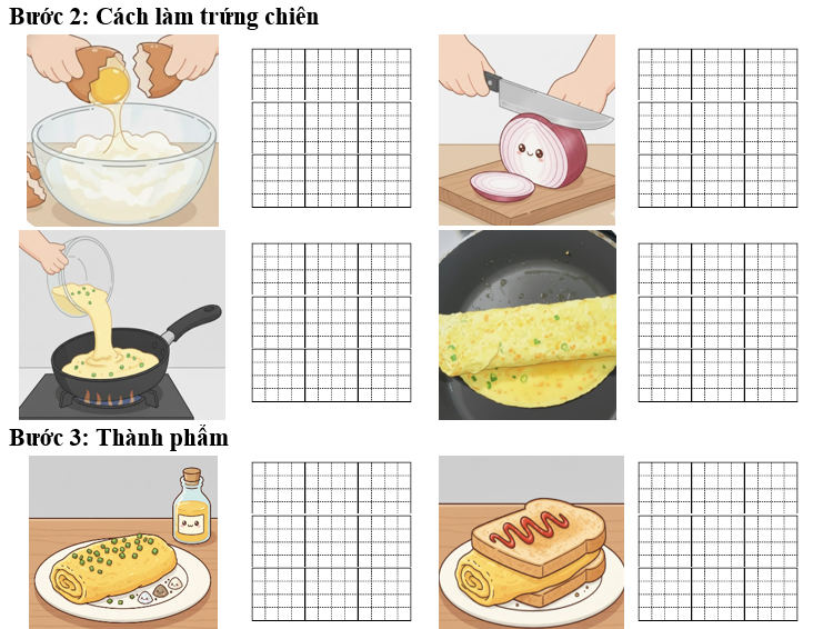 Đề bài số 1: Dựa vào hình ảnh dưới đây hoàn thành hướng dẫn cách làm món trứng chiên đơn giản tại nhà. (ảnh 1)