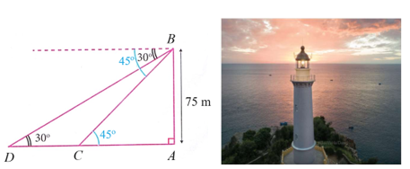 Từ trên một ngọn hải đăng cao \(75\,\,{\rm{m}}\), người ta quan sát hai lần thấy một chiếc thuyền đang hướng về phía hải đăng với góc hạ lần lượt là \(30^\circ \) và \(45^\circ \) (xem hình vẽ). (ảnh 1)