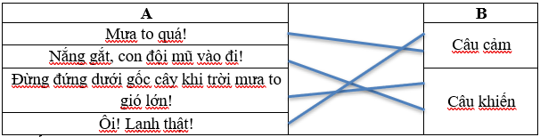 ối câu ở cột A với kiểu câu phù hợp ở cột B.  A  	     	  B     Mưa to quá!  	  Câu cảm        Nắng gắt, con đội mũ vào đi!     Đừng đứng dưới gốc cây khi trời mưa to gió lớn!  	  Câu khiến        Ôi! Lạnh thật! (ảnh 1)