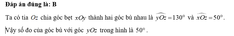 Cho hình vẽ bên. Số đo của góc bù với góc yOz  trong hình là (ảnh 2)