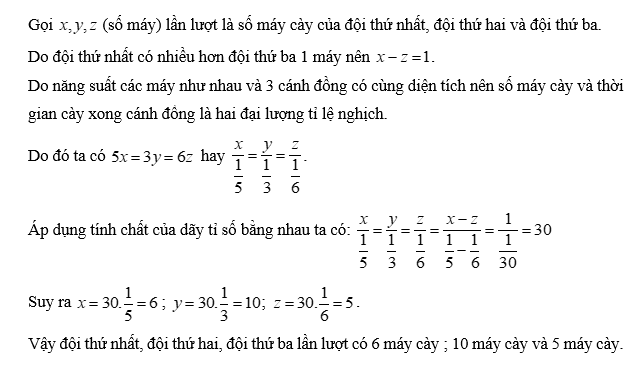 Ba đội máy cày, cày ba cánh đồng có cùng diện tích. Đội thứ nhất cày xong trong 5 ngày, đội thứ hai cày xong trong 3 ngày và đội thứ ba cày xong trong 6 ngày.  (ảnh 1)