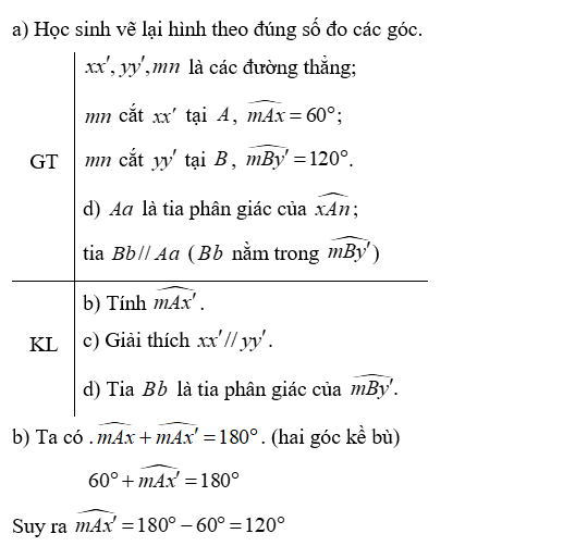 (2,0 điểm) Cho hình vẽ bên. a) Vẽ lại hình (đúng số đo các góc) và viết giả thiết, kết luận của bài toán. (ảnh 3)