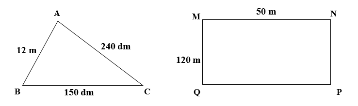 Cho tam giác ABC và hình chữ nhật MNPQ có kích thước như hình vẽ. Hình có chu vi lớn hơn là: (0,5 điểm) (ảnh 1)