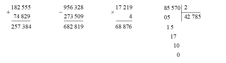 Đặt tính rồi tính (2 điểm) 182 555 + 74 829 (ảnh 1)