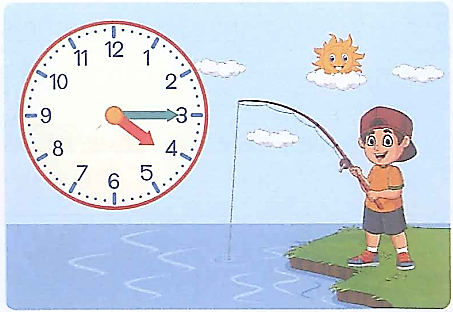 Khi Huy đi câu cá, đồng hồ chỉ như bức tranh. Khi Huy trở về nhà, đồng hồ chỉ 17 giờ kém 5 phút. Thời gian Huy đi câu cá là: (0,5 điểm)   A. 35 phút 	B. 40 phút 	C. 45 phút 	D. 50 phút (ảnh 1)