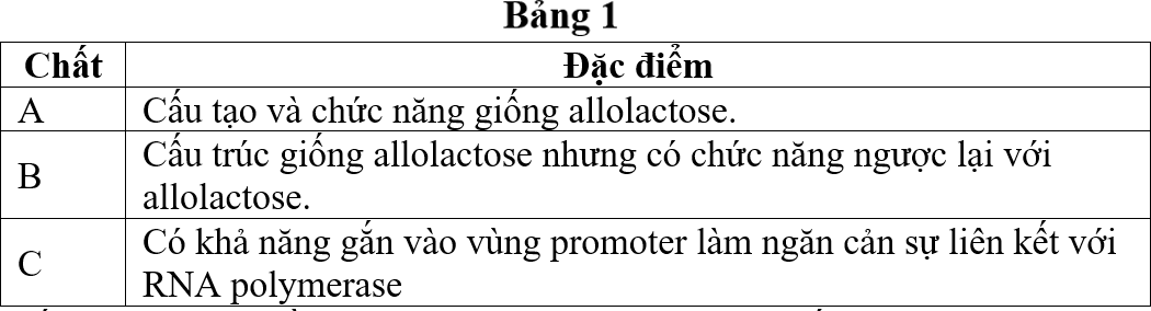 Trong điều hòa hoạt động gene trong operon Lac ở một chủng vi khuẩn E.coli bình thường, ngoài allolactose, trong thực nghiệm người ta cũng sử dụng một số chất để nghiên cứu về cơ chế điều hòa hoạt động gene được mô tả như Bảng 1. (ảnh 1)