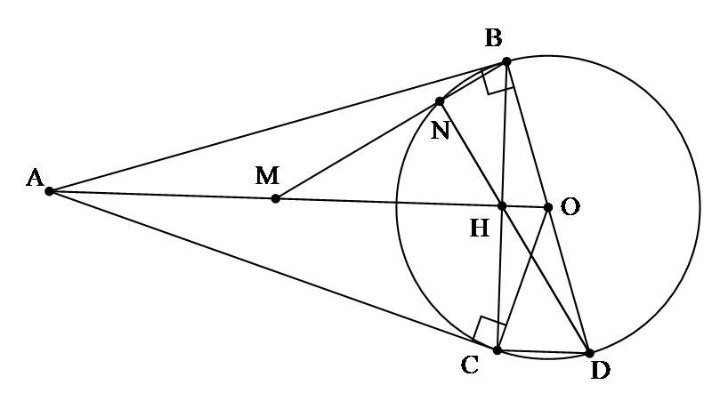 c) Gọi \(M\) l&agrave; trung điểm của \(AH\) v&agrave; \(BM\) cắt \(\left( O \right)\) tại \(N\). Chứng minh \(D,\,H\,,N\) thẳng h&agrave;ng. (ảnh 1)