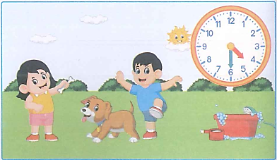 Quan s&aacute;t bức tranh v&agrave; điền v&agrave;o chỗ trống cho th&iacute;ch hợp: (1,5 điểm)  	  Phong v&agrave; Hiền bắt đầu tắm cho ch&uacute; ch&oacute; l&uacute;c &hellip;.. giờ &hellip;.. ph&uacute;t	Phong v&agrave; Hiền tắm xong cho ch&uacute; ch&oacute; l&uacute;c &hellip;.. giờ &hellip;.. ph&uacute;t Thời gian Phong v&agrave; Hiền tắm cho ch&uacute; ch&oacute; l&agrave; &hellip;.. ph&uacute;t (ảnh 2)