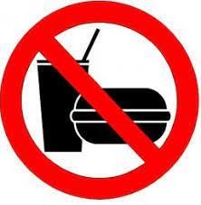 What does this sign say? A. You can have some drinks and food here. B. Your breakfast is done. C. No one helps you take food and drinks. D. You can't drink and eat here. (ảnh 1)