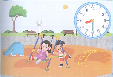 Quan sát bức tranh và điền vào chỗ trống cho thích hợp: (1 điểm)  	  Hà và Huy chơi xích đu ở công viên lúc ….. giờ ….. phút	Hiền biểu diễn chơi đàn ở công viên lúc ….. giờ ….. phút (ảnh 1)