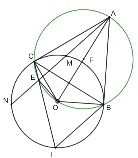 a) Chứng minh bốn điểm \[A,O,E,C\] c&ugrave;ng thuộc một đường tr&ograve;n. (ảnh 1)