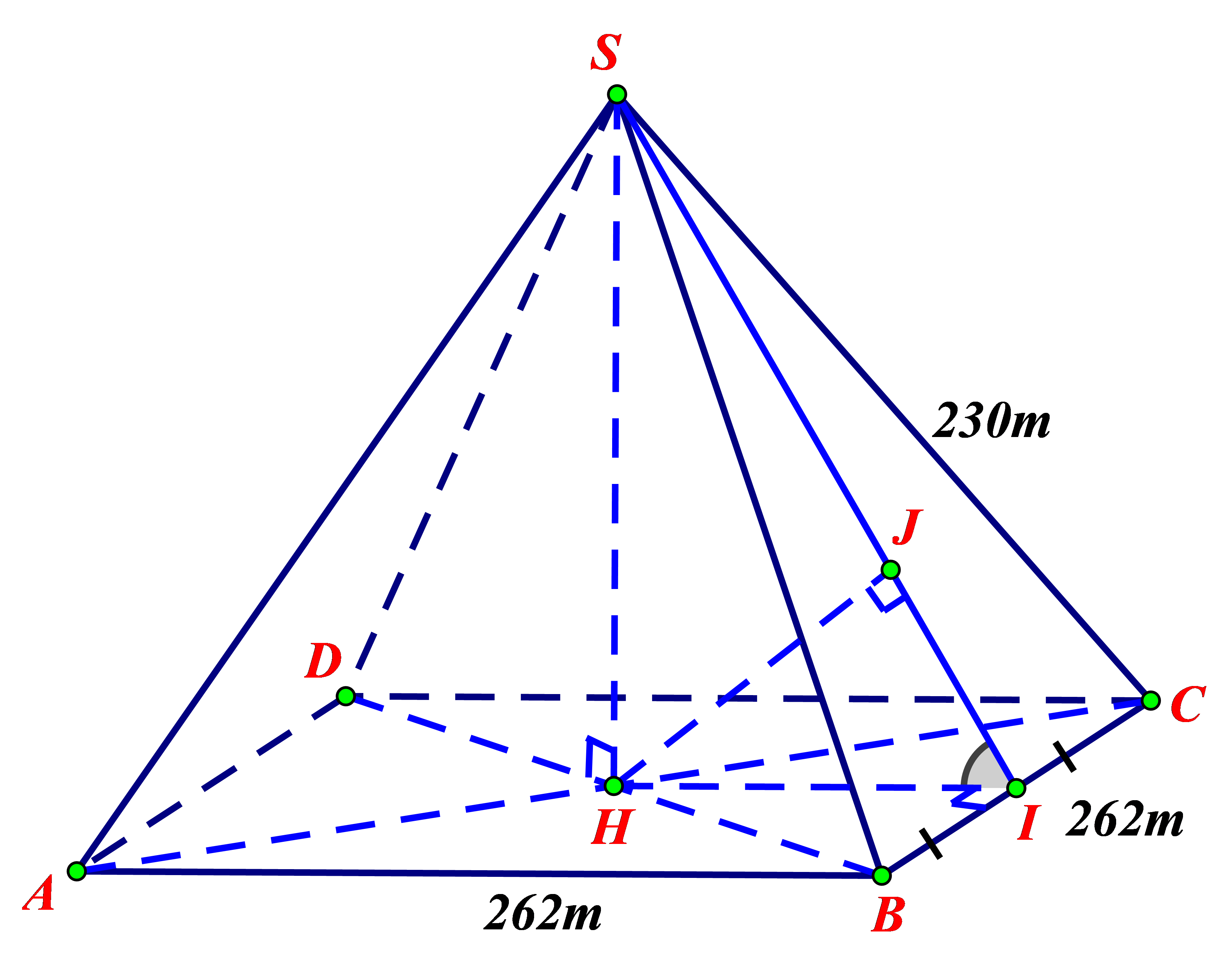 Kim tự tháp Kheops ở Ai Cập có dạng là hình chóp tứ giác đều có cạnh đáy dài 262 mét, cạnh bên dài 230 mét.Giả sử có một kho báu được đặt ở tâm của đáy kim tự tháp. Từ mặt bên của kim tự tháp người ta dự định khoan một đoạn đường thẳng đến kho báu, (ảnh 1)