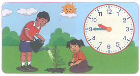 Đồng hồ dưới đây chỉ mấy giờ ? (1 điểm)  	An và Bình trồng cây lúc ….. giờ ….. phút hoặc ….. giờ kém ….. phút (ảnh 1)