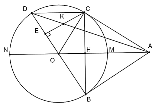 a) Chứng minh \[OA \bot BC\] v&agrave; \[AM \cdot AN = AH \cdot AO = A{O^2} - {R^2}.\] (ảnh 1)