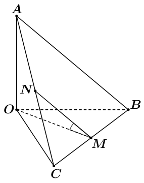 Chọn D Ta có: \(AB//MN\) (do \(MN\) là đường trung bình của tam giác\(ABC\)) Khi đó \(\widehat {\left( {AB;OM} \right)} = \widehat {\left( {MN;OM} \right)} = \widehat {NMO}\). (ảnh 2)