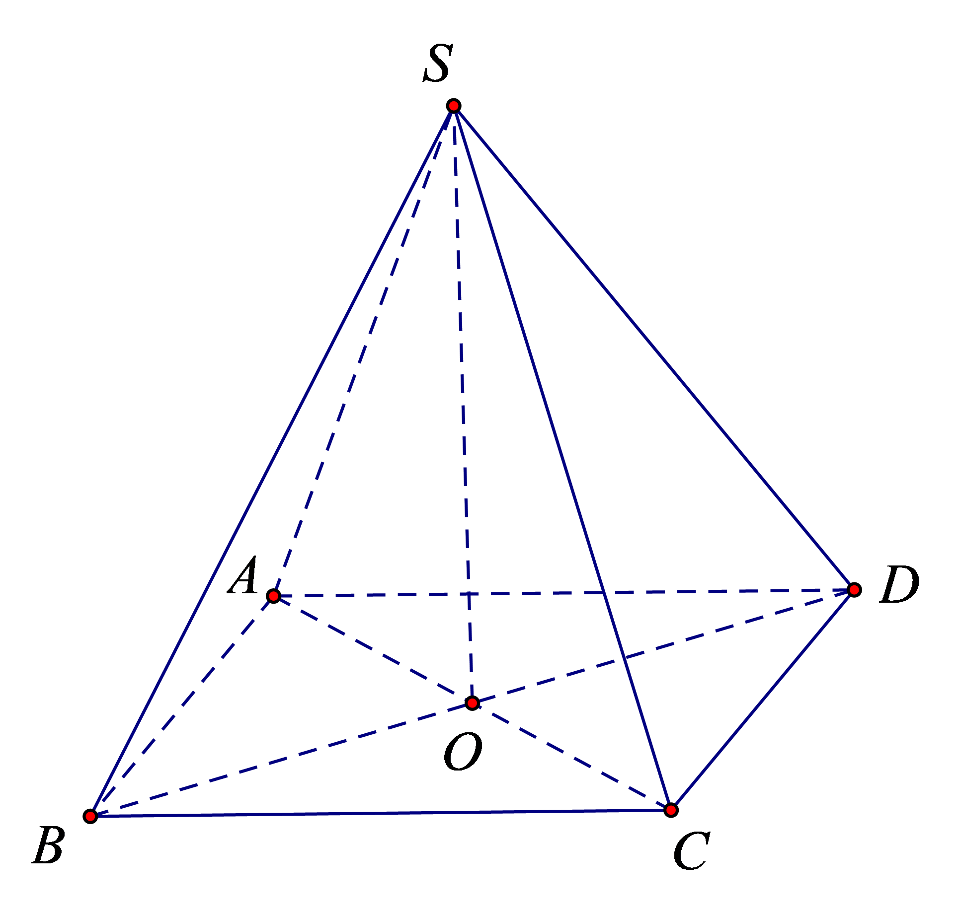 Trong không gian, cho hình chóp tứ giác đều \(S.ABCD\) có đáy là hình vuông tâm \(O\), cạnh \(AB = 2\) và \(SO = 3\). Tính thể tích của khối chóp \(S.ABCD\). (ảnh 1)