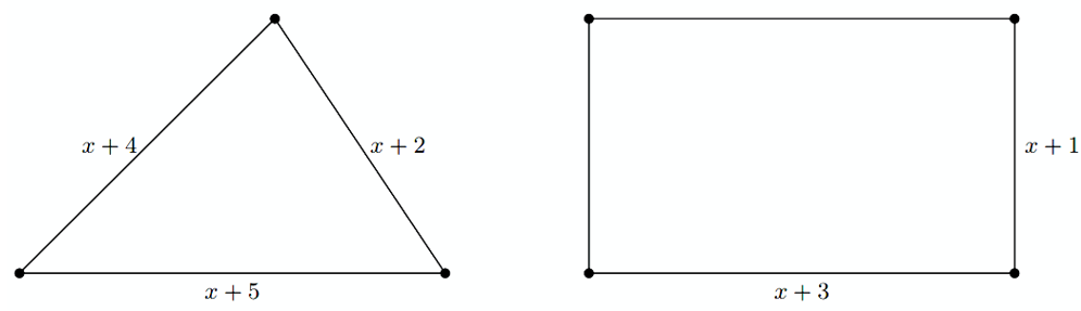 Cho hình tam giác và hình chữ nhật có kích thước hình bên dưới. Biết chu vi của hình tam giác luôn lớn hơn chu vi của hình chữ nhật.     a) Hãy viết bất phương trình phù hợp với dữ liệu đề bài. (ảnh 1)