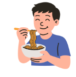 Exercise 1. Look and read. Put a tick (✔) or a cross (⨯) in the box. He’s having noodles. (ảnh 1)