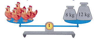 Cân nặng của mỗi con gà như nhau. Mỗi con gà cân nặng là: (0,5 điểm) A. 5 kg			B. 4 kg			C. 3 kg		D. 2 kg (ảnh 1)