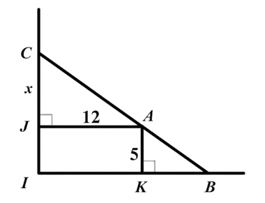 Người ta giăng lưới để nuôi một loại cá trên một góc hồ. Biết rằng lưới được giăng theo một đường thẳng từ một vị trí trên bờ ngang đến một vị trí trên bờ dọc và phải đi qua một cái cọc đã cắm sẵn ở vị trí \[A\]. (ảnh 2)