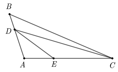 Cho tam giác \(ABC\) có góc \[A\] tù. Trên cạnh \[AB\] lấy điểm \[D\]. a) So sánh các đoạn thẳng \(CA,\,\,CD\) và \[CB\]. b) Trên cạnh \[AC\] lấy điểm \[E\]. So sánh \[DE\] và \[BC\]. (ảnh 1)