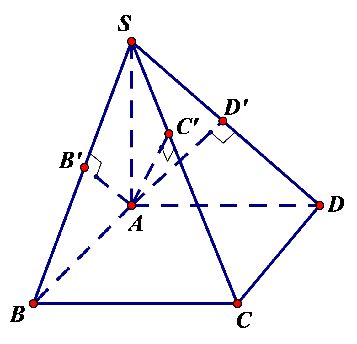 Ta c&oacute; \(AB' \bot SC,AD' \bot SC\). C&aacute;c đường thẳng \(AB',AC',AD'\) c&ugrave;ng đi qua A v&agrave; vu&ocirc;ng g&oacute;c với SC n&ecirc;n c&ugrave;ng thuộc một mặt phẳng do đ&oacute; bốn điểm \[A,B',C',D'\] đồng phẳng (ảnh 1)