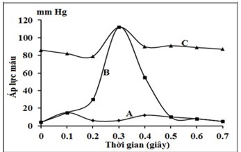 Trong biểu đồ hình 13, các đường cong A, B, C thể hiện sự thay đổi áp lực máu (mmHg) trong một chu kì tim bình thường của một người. Trong đó t0 = 0 là thời điểm bắt đầu chu kì. Dựa vào biểu đồ, em hãy cho biết: (ảnh 1)