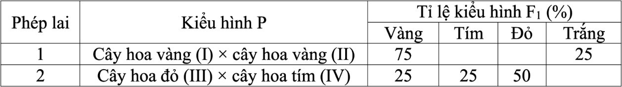 Ở một loài thực vật lưỡng bội, tính trạng màu hoa được quy định bởi 1 gene có 4 allele, các allele trội là trội hoàn toàn. Người ta tiến hành 2 phép lai, thu được kết quả như sau: (ảnh 1)