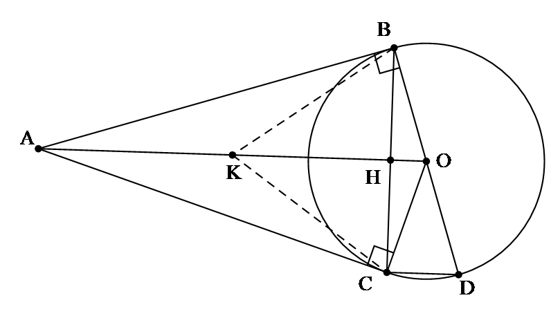 a) Chứng minh bốn điểm \[A,\,B,\,O,C\] c&ugrave;ng thuộc một đường tr&ograve;n. (ảnh 1)