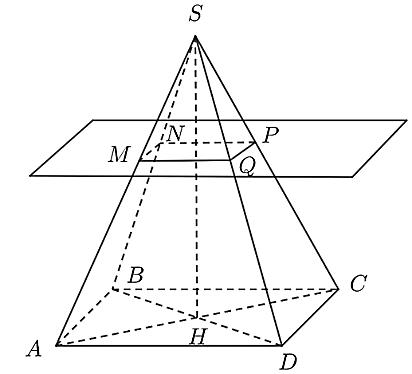 Cho hình chóp tứ giác đều \(S.ABCD\). Cắt hình chóp bởi mặt phẳng song song với đáy và cắt tất cả các cạnh bên của hình chóp thì ta được   	 (ảnh 1)