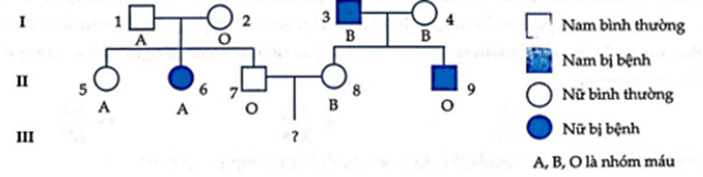 Sơ đồ phả hệ mô tả sự di truyền nhóm máu: A, B, AB, O và một loại bệnh ở người. Biết rằng gene quy định nhóm máu gồm 3 allele IA; IB và I O ; trong đó allele IA quy định nh (ảnh 1)