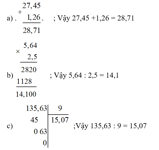 Đặt tính rồi tính a) 27,45 + 1,26 (ảnh 1)