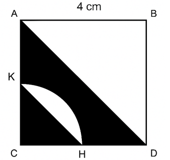 Cho hình vuông ABCD có cạnh AB bằng 4 cm. Tính diện tích phần tô đậm, biết  (ảnh 1)