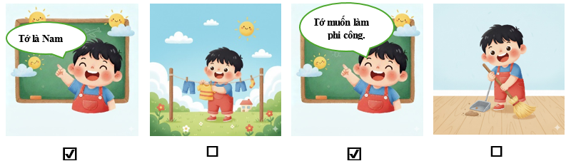 b) Em hãy đánh dấu ✔ vào các hình ảnh bạn nhỏ đang giới thiệu bản thân:  (ảnh 2)