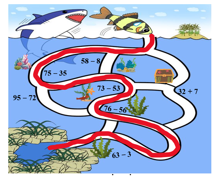 Để thoát khỏi sự truy đuổi của cá mập, cá con phải đi qua hết các bụi rong biển cạnh phép tính (ảnh 2)