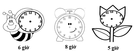 Vẽ thêm kim ngắn và kim dài để đồng hồ chỉ đúng thời gian rồi tô màu cho mỗi bức tranh. (ảnh 1)