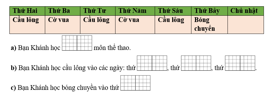 Dưới đây là thời khóa biểu học thể thao mùa hè của bạn Khánh. Viết tiếp vào chỗ trống cho thích hợp. (ảnh 1)