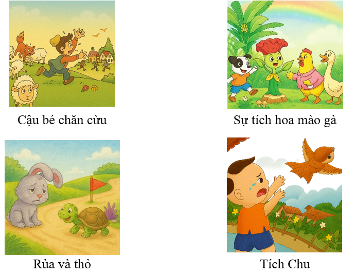 c) Dựa vào hình minh họa dưới đây, em hãy viết tên truyện tương ứng: (ảnh 2)