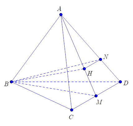 Cho tứ diện đều ABCD, M là trung điểm của CD, N là điểm trên AD sao cho BN vuông góc với AM. Tính tỉ số AN/AD. (ảnh 1)